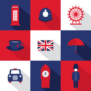 A set of nine flat design long shadow icons with London symbols