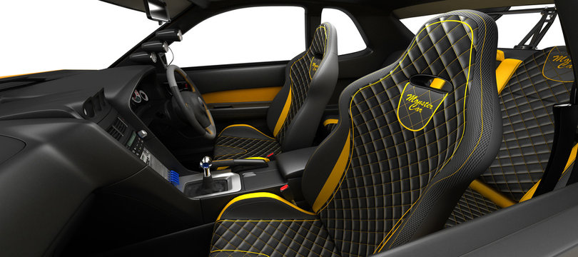 Exclusive tuning project for the interior of a sports car. Interior design with the layout of the main elements of the machine.