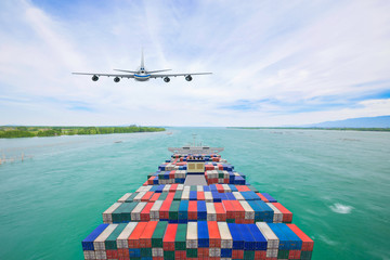 Aerial view container cargo ship and commercial plane for transport and logistic import export concept © kinwun