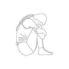 Sketch of a sad lonely young girl sitting on the floor and hugging her knees with inclined head. Vector illustration. 