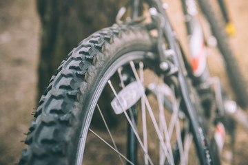 Close up of bicycle wheel. Healthy lifestyle concept.