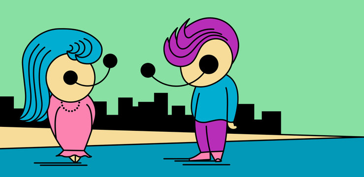 An illustration of a boy and a girl standing next to each other against an urban background - a romantic concept 