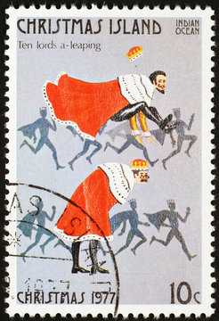 Twelve days of Christmas - 10 lords a-leaping on postage stamp of Christmas Island