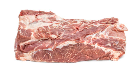 Raw fillet of pork on white background. Close up. Copy space.