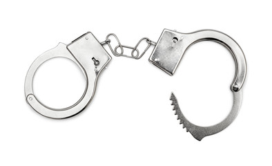 Opened handcuffs  on white background. Top view. - 208533773