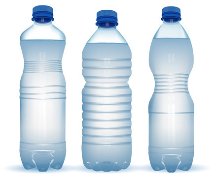 Three realistic plastic bottles with water with close blue cap on white background
