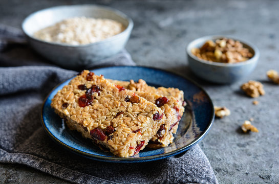 Granola bars with cranberries, walnuts, sunflower seeds and raisins