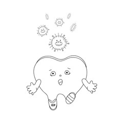 Sketch of a tooth running away from bacteria. Cartoon Vector Illustration. 
