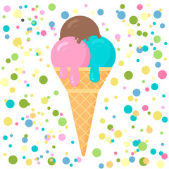 Colorful ice cream with colorful confetti background. Cartoon icecream cone in flat style. Concept of summer festival Vector illustration. Italian Gelato.