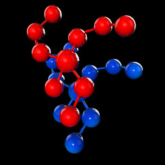 abstract molecule or atom red and bule for Science or medical black background 3Drendering