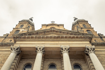 Looking up at a vintage church
