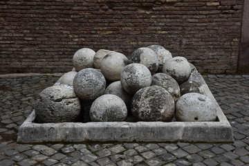 Rome, 17 May 2018, Reportage from S. Angel Castle. External and internal. Cannon balls in the yard of shootings.