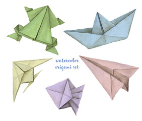 Watercolor hand drawn colorful origami illustrations - paper airplanes, frog, boat, jellyfish