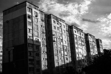 Soviet style building in sunset light