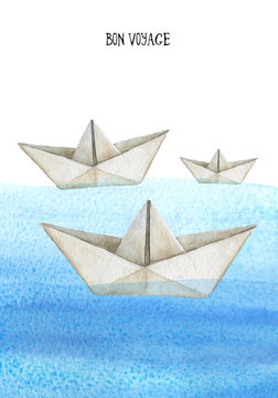 Watercolor hand drawn origami illustration - Bon Voyage, sailing paper boats in the sea, perfect for greetings, post cards, invitations, romance, logos, posters, decorations, banners, headers, etc.