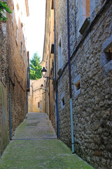 Ancient street. Old town of Girona Catalonia, Spain. Stone building.