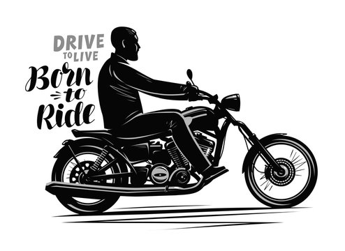 Biker riding a motorcycle. Motorbike, motor concept. Typographic design, vector illustration