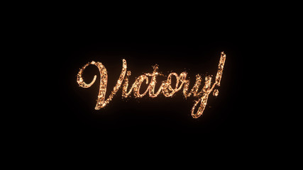 Victory greeting text with particles and sparks isolated on black background, beautiful typography magic design.