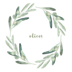 Watercolor floral illustration with olive branches wreath 