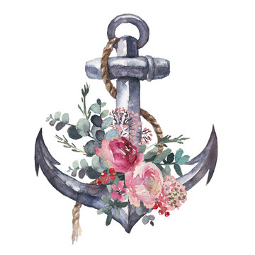 Watercolor hand drawn nautical / marine / floral illustration with anchor, rope and flower bouquet arrangement 