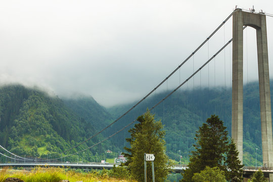 Osteroy suspension bridge in Norway, only road connection island with the mainland east area of Bergen