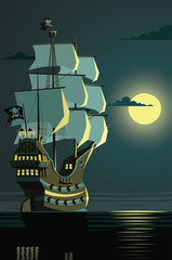 Lonely pirate ship on a night open sea © johnnyknez