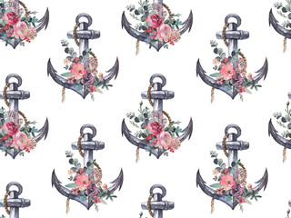 Seamless watercolor nautical floral pattern with anchor and flower bouquet on white background, perfect for wrappers, wallpapers, postcards, greeting cards, wedding invitations, romance, etc.