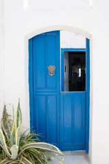 A small wooden blue door next to a vine in the narrow streets of Amorgos