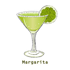 Sketch of cocktail margarita on a white background. Vector illustration.