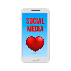 Red realistic heart on the screen of mobile phone. Social media vector illustration. Social network and communication concept. Design template for bloggers, websites, apps, etc.