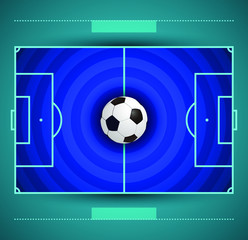 Football field with circular grass texture and soccer ball, blue and aqua color combination vector illustration.