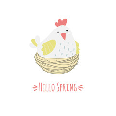 Cartoon hen in the nest and the inscription hello spring.
