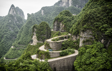 A view of the dangerous  99 curves at the Tongtian Road to Tianmen Mountain, The Heaven's Gate at Zhangjiagie, Hunan Province, China, Asia
