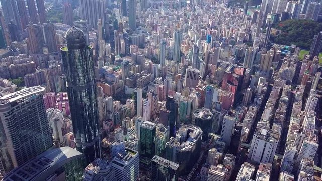 Drone fly over the Hong Kong urban city in Kowloon side district