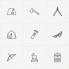 Hunting line icon set with flashlight, crossbow and bonfire