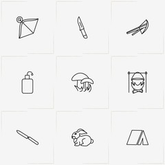 Hunting And Fishing line icon set with water flask, crossbow and tent © Orkhan