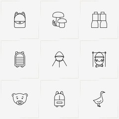 Hunting And Fishing line icon set with goose, cauldron  and backpack