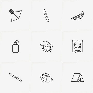 Hunting And Fishing line icon set with water flask, crossbow and tent