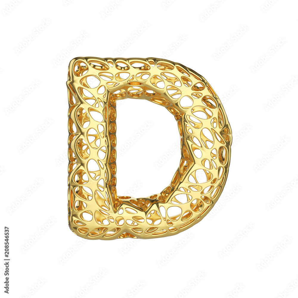Fototapete alphabet letter d uppercase. gold font made of yellow cellular framework. 3d render isolated on whit