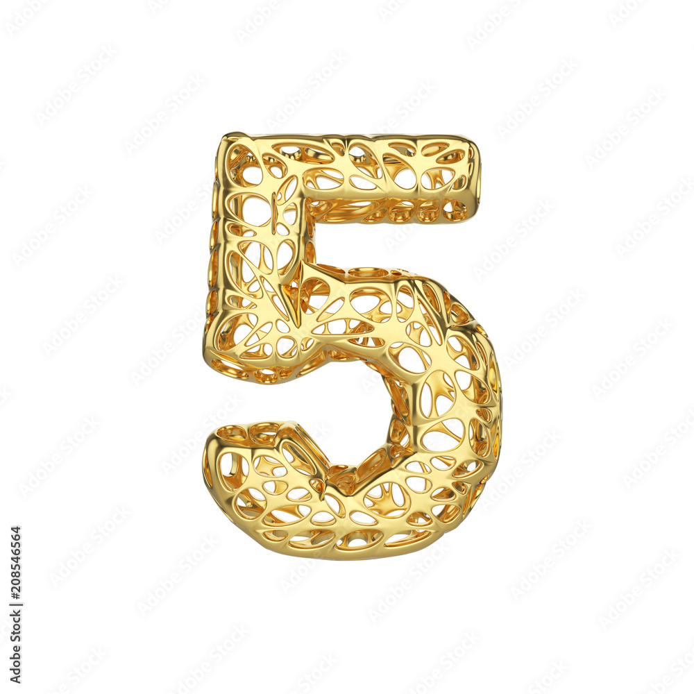 Fototapete alphabet number 5. gold font made of yellow cellular framework. 3d render isolated on white backgrou