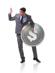 Businessman with dollar coin isolated on white background