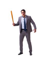 Businessman with baseball bat isolated on white