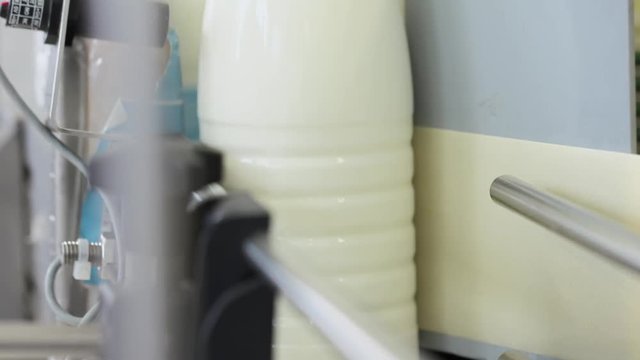 Factory process. Modern labeling machine at milk production line. Close up packing milk plastic bottles. Bottle label at dairy plant