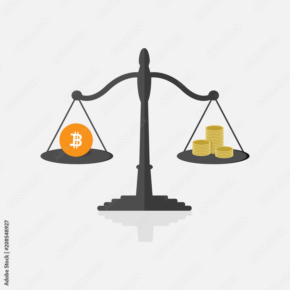 Poster digital bitcoin compare with golden coin. flat design.