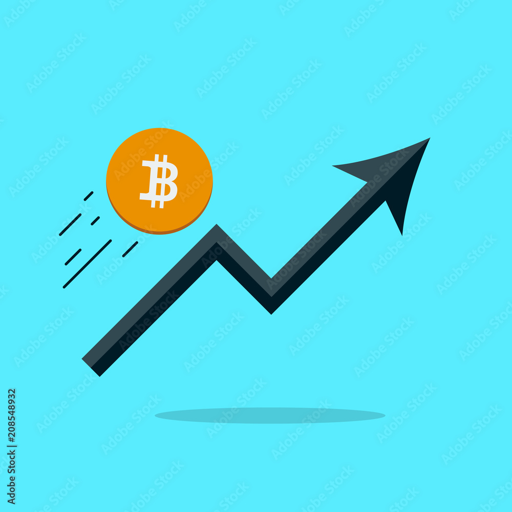 Poster digital bitcoin growing arrow up. flat design.