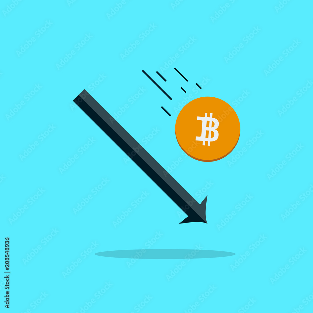 Poster digital bitcoin growing arrow down. flat design.