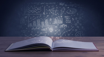 Hand-drawn financial plans and charts coming out of an open book 
