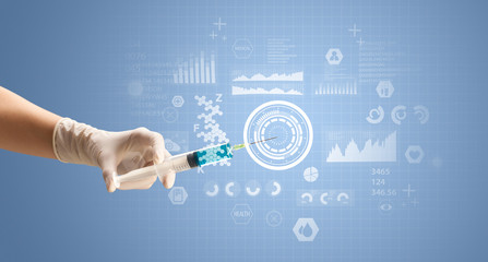 Female doctor hand holding syringe with research data graphic