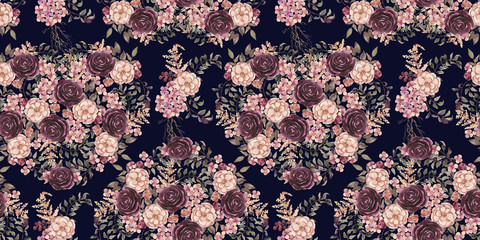 Seamless watercolor floral pattern with flower composition on black background, perfect for wrappers, wallpapers, postcards, greeting cards, wedding invitations, romantic events, etc © Veris Studio