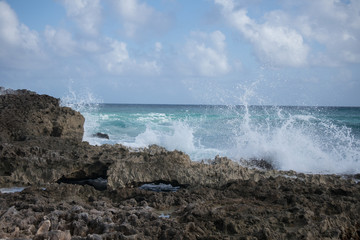 Waves splash up from reef